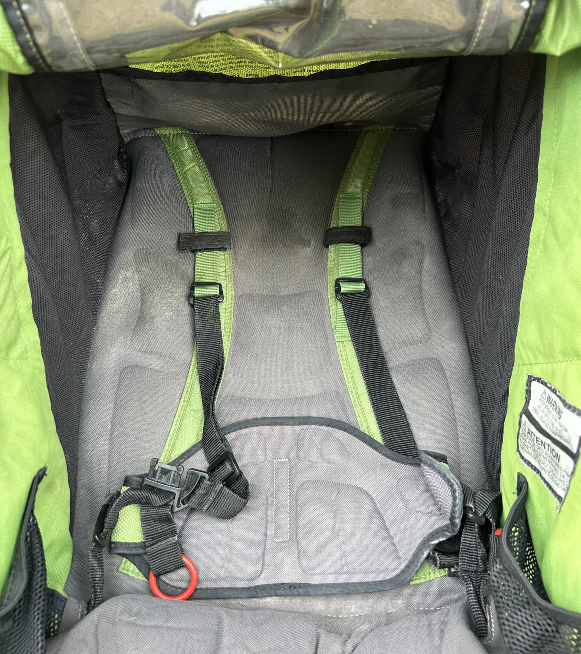 Before: Stroller harness, deep cleaned